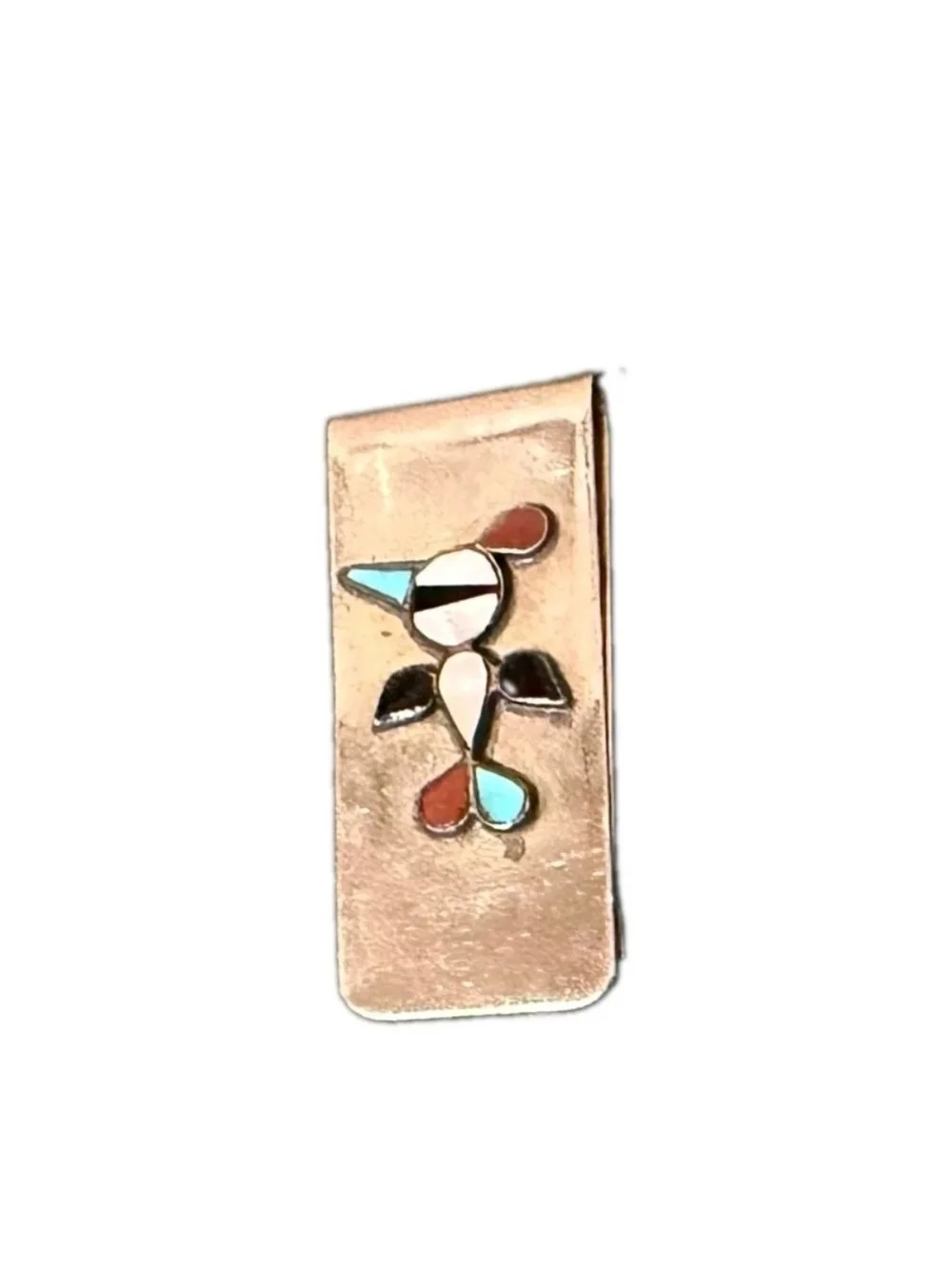 Vintage Southwestern Zuni Style Money Clip With Turquoise, Jet, And M.O.P